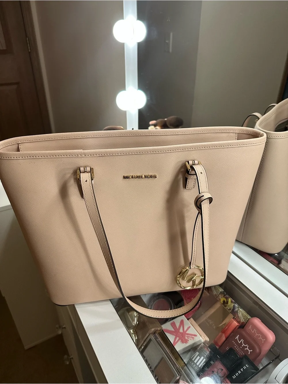 MICHAEL KORS Pale Blush Leather Tote with Gold Charm